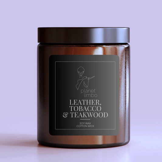 'leather + tobacco + teakwood' candle